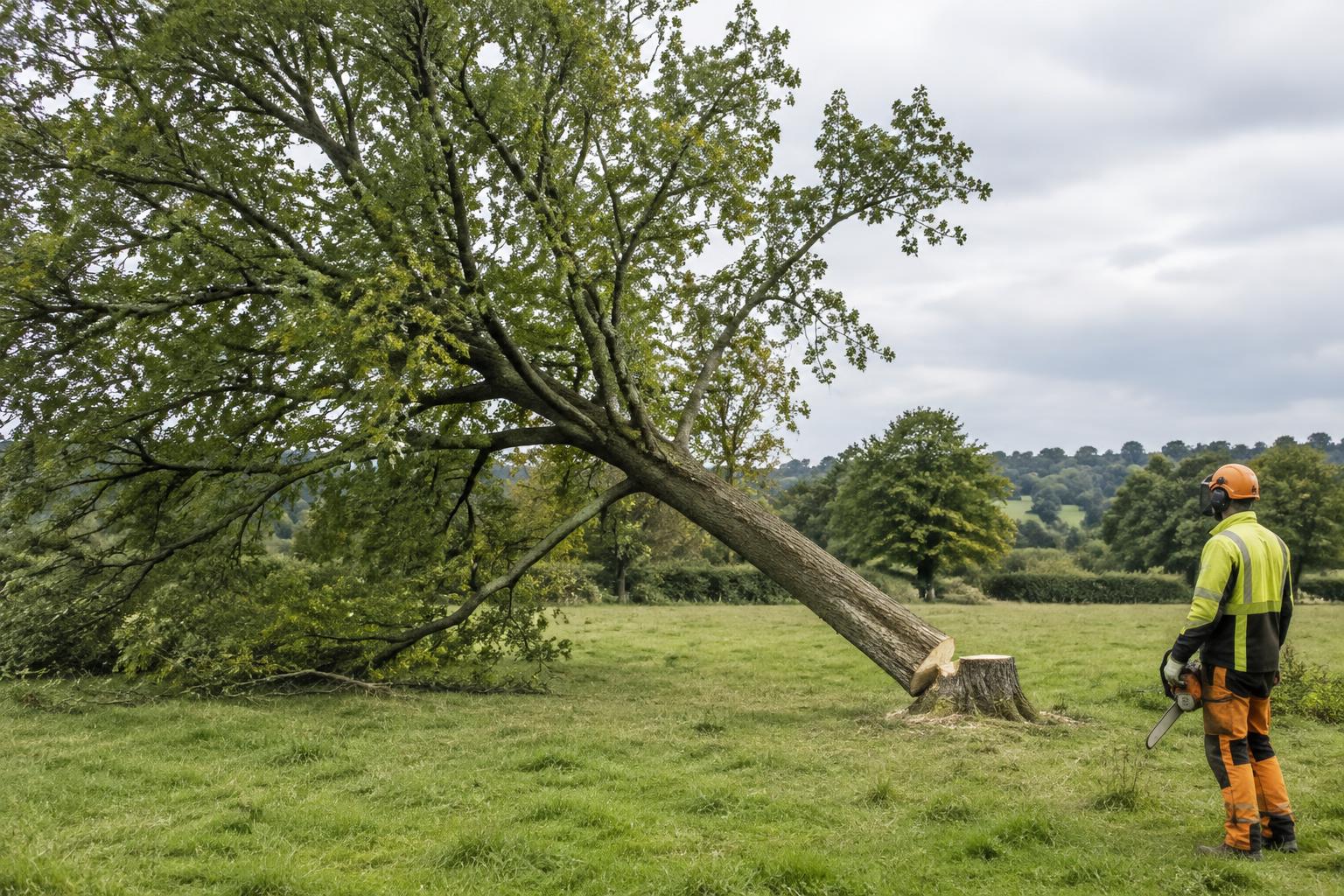 A tree surgeon standing by the stump as a large tree is felled across an open pasture